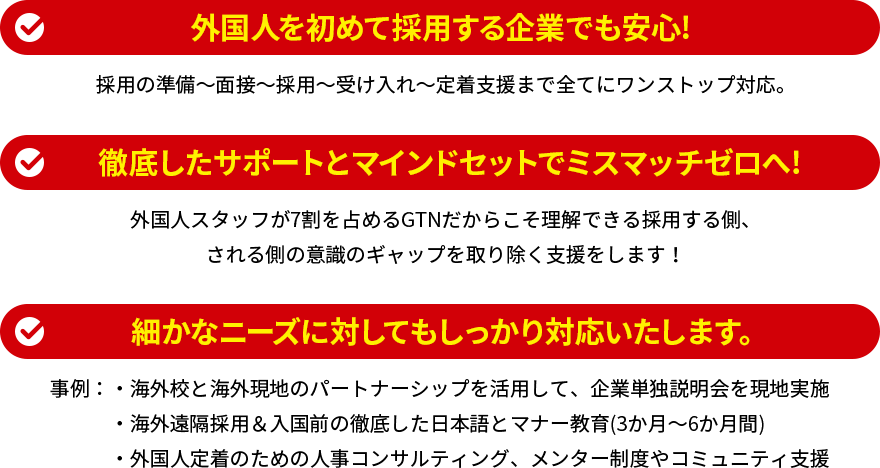 外国人を初めて採用する企業でも安心!徹底したサポートとマインドセットでミスマッチゼロへ!細かなニーズに対してもしっかり対応いたします。